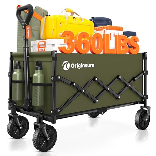 Originsure Collapsible Wagon Cart Foldable - Lightweight Portable Heavy Duty Folding Beach Wagons with Wheels - Outdoor Utility Carts for Grocery, Camping, Shopping, Sports with Large Capacity - Green