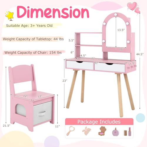 Image of Costzon Kids Vanity with Lights, Girls Vanity Set with Mirror Cabinet, Storage Drawers, Hooks & Shelves, Toddler Makeup Vanity Desk Dressing Table, Wooden Kids Vanity Table and Chair Set (Pink)