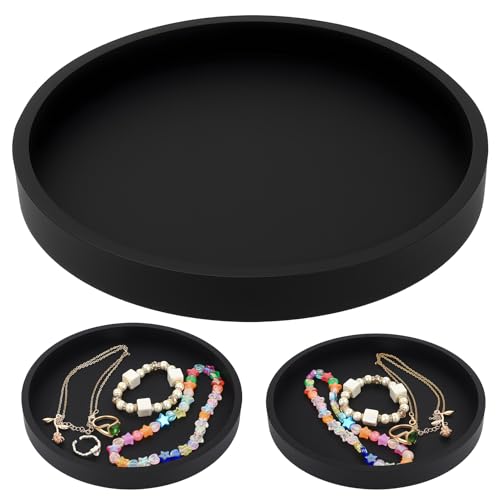 Vassoio Portaoggetti da Bagno, Vassoio da Bagno Decorativo, Vassoi Bagno Portaoggetti, Vassoi Profumi Trucco Organizer Rotondo Nero in Silicone per Organizzare Gioielli Cosmetic(18x18x1,9 cm)