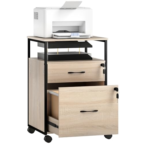 Vinsetto Cajonera de Oficina con 2 Cajones, Cajonera de Escritorio con Ruedas, Barra Colgante, Cerradura y 2 Llaves para A4 Carta, Archivador Móvil para Estudio, 44x40x66,5 cm, Natural