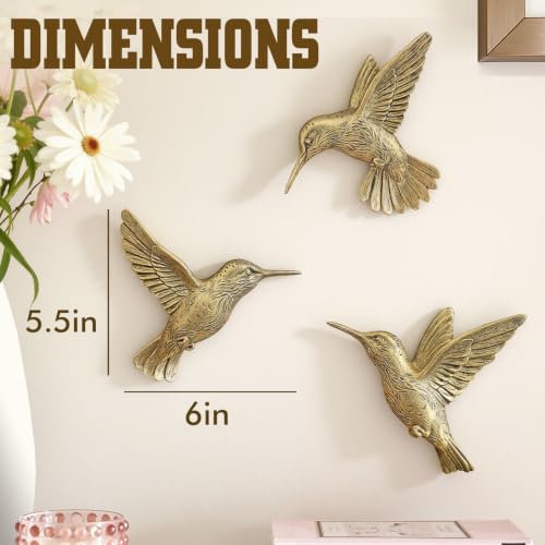 Image of GUSFREUD 3D Hummingbird Wall Decor Set - Brass Resin Bird Wall Decor for Living Room, Bedroom and Gallery Walls - Vintage Gold - Set of 3