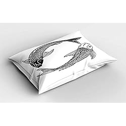 Almohada Japonesa Del Amor ABAKUHAUS Pez koi Funda de Almohada, Amor japonés Carpas, Decorativa de Suave Microfibra Estampada Lavable, 80 cm x 40 cm, En Blanco y Negro