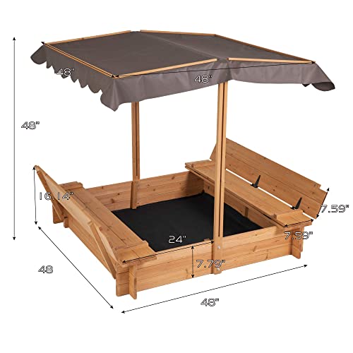 BIRASIL Wood Sandbox with Cover, Sand Box with 2 Bench Seats for Aged 3-8 Years Old, Sand Box for Backyard Garden, Beach Patio Outdoor (Natural Wood, 48 Inch)