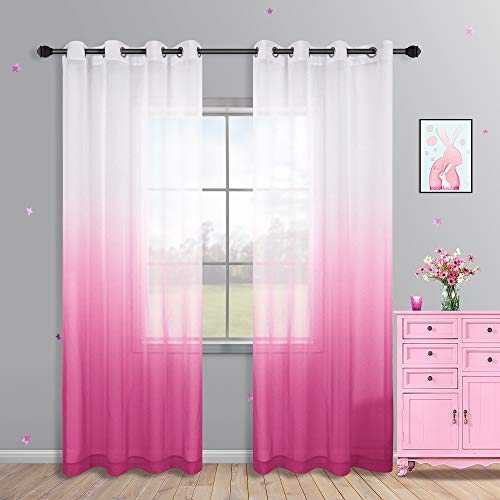 Pink Sheer Curtains 84 Inches Long for Girls Bedroom Decor Set of 2 Panels Grommet Semi Voile Gradient Ombre Window Princess Curtains for Girls Room Christmas Decoration 52x84 Length Pink and White