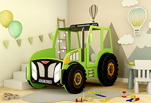 Generisch Kinderbett Kinderzimmerbett Bett Traktor grün mit Lattenrost und Matratze 90x180 cm, 10 cm hoch