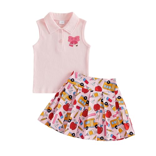 Image of BeQeuewll Back to School Toddler Girl Outfit 2Pcs Knit Top Pleated Skirt Set Girls
