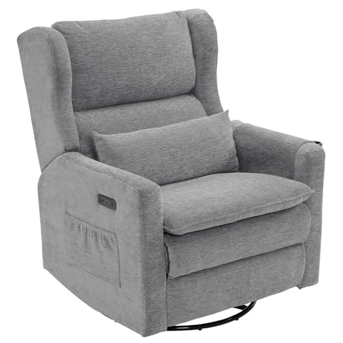 Image of Oversized Swivel Rocker Recliner with Adjustable Headrest, 26 inch Extra Wide Glider Recliner Nursery Chair with Double Cushion, Chenille Glider Rocking Chair for Living Room,Cup Holder,Grey