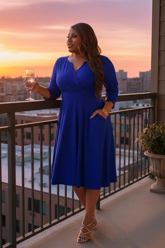 Image of Runwind Women's Plus Size Midi Dress 3 /4 Sleeve Fit and Flare Cocktail Dresses Casual V-Neck Dress with Pockets