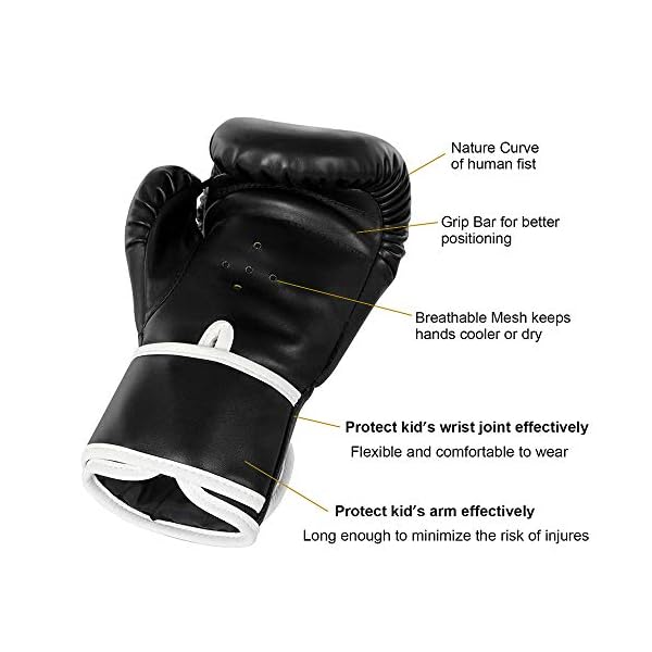 SFEEXUN-Kids-Boxing-Gloves-for-Ages-5-12-Boys-Girls-Leather-Punching-Gloves-for-Punching-Bag-Kickboxing-Muay-Thai-MMA-Sparring-Training SFEEXUN Kids Boxing Gloves for Ages 5-12, Boys Girls Leather Punching Gloves for Punching Bag Kickboxing Muay Thai MMA Sparring Training (Black, 6oz)
