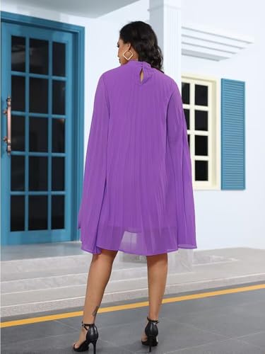 Image of Women's Casual Cape Sleeve Pleated Split Short Dress Loose Fit Cocktail Party Flowy Dress