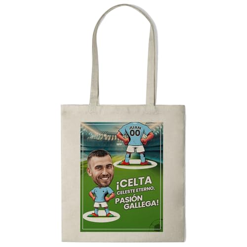 Kembilove Taza personalizada Celta de Vigo con caricatura y bolsa | Regalo para fans celestes | Producto personalizado con nombre y número | Detalle original fútbol gallego