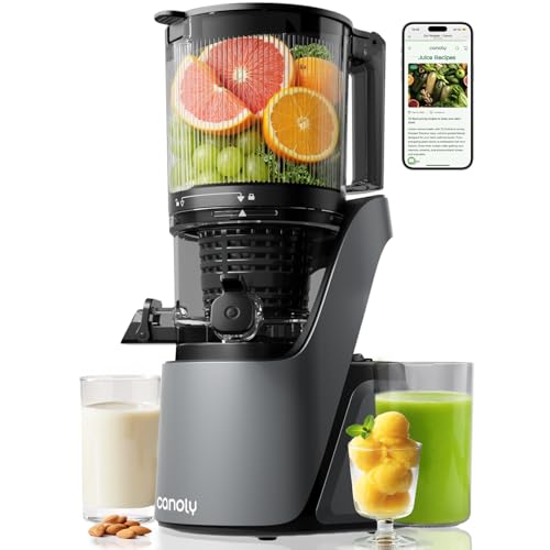 Canoly Juicer Machines, 150 MM Large Feed Chute Cold Press Masticating Juicer, 3-IN-1 Strainers (Juice & Sorbet & Nut Milk), Powerful AC Brushless Motor, Self Precut System, BPA Free, Space Gray