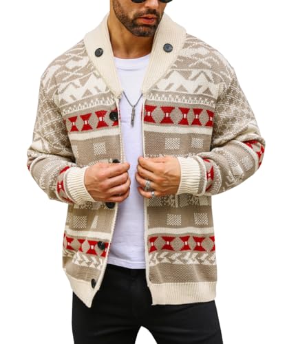 Men's Shawl Collar Cardigan Sweater Long Sleeve Button Down Cable Knit Jacquard Casual Lapel Sweater