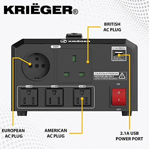 Image of Krieger 1700 Watt Voltage Transformer, 110 /120V to 220 /240V Step Up Step Down Voltage Converter with AC Outlets, MET Approved Under UL, CSA