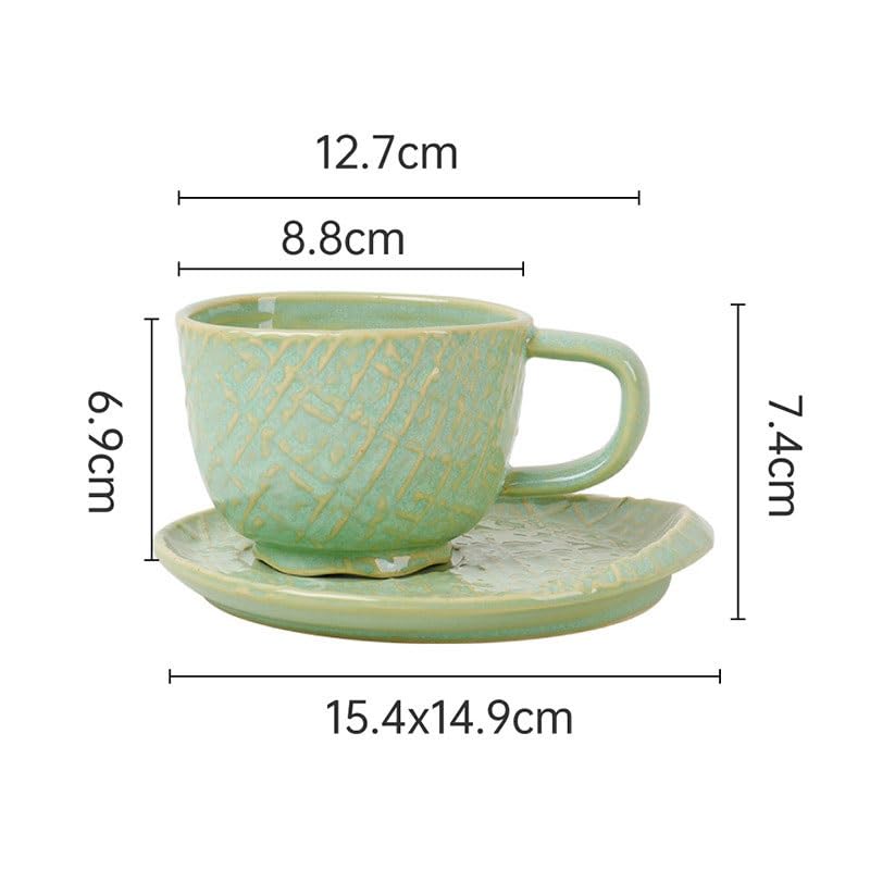 Porcelanowy kubek do kawy ze spodkiem, Tłoczony ceramiczny zestaw filiżanek do kawy i spodków Podwieczorek restauracja Zielony 15,4 x 7, cm
