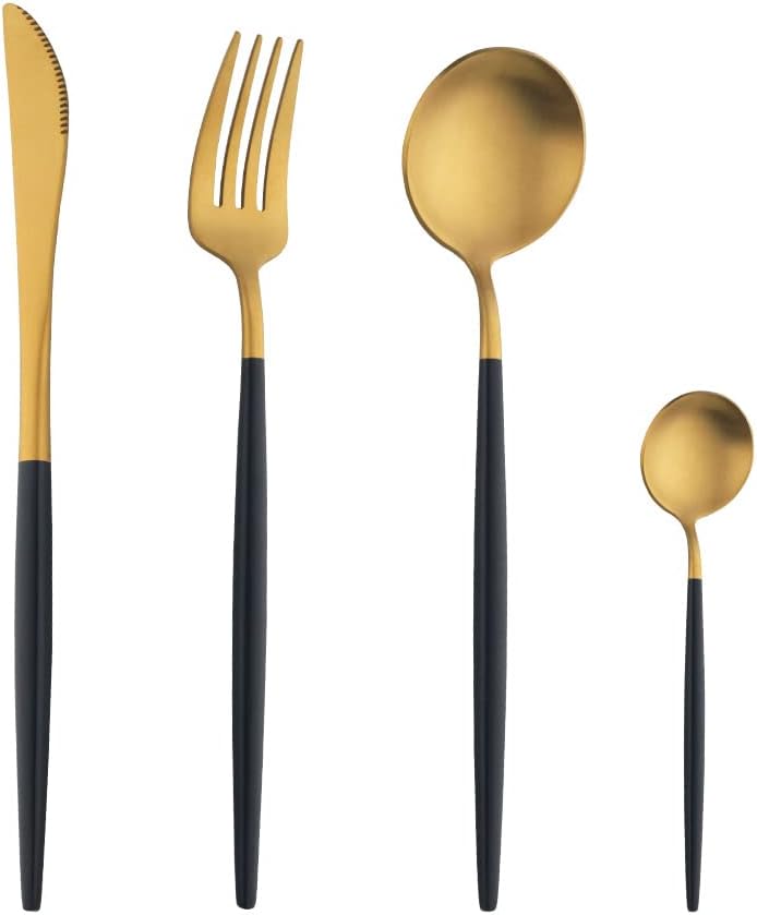 TUPMFG 16 Pieces Black Handle Cutlery Sets, Matte Flatware Set Service for 4, Stainless Steel Silverware Set with Knives Forks Spoons, Dishwasher Safe