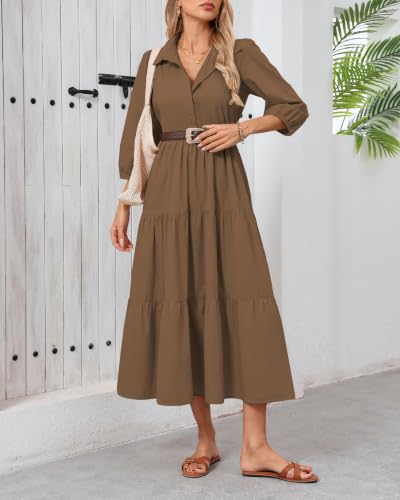 Image of Women Button Down Maxi Shirt Dress Long Sleeve Flowy Tiered Collared Dresses with Pockets