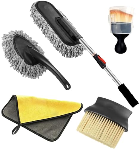 Image of California Car Duster 5-Piece Microfiber Car Duster Set with Long Handle Exterior and Interior Cleaning Brushes, Cloth, and AC Vent Cleaner for Car, Motorbike, SUVs - Black