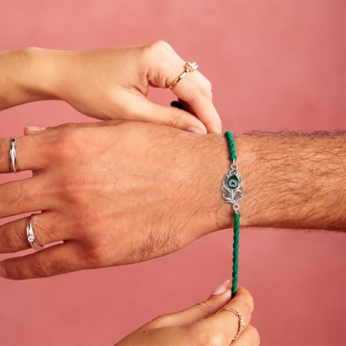 Image of ZAVYA 925 Pure Silver Morpankh (Peacock Feather) Rakhi for Brother | Premium Sterling Silver Gift for Bhaiya | Designer Raksha Bandhan Thread Set | Peacock Rakhi for Men & Boys | Roli Chawal Pack & Certificate