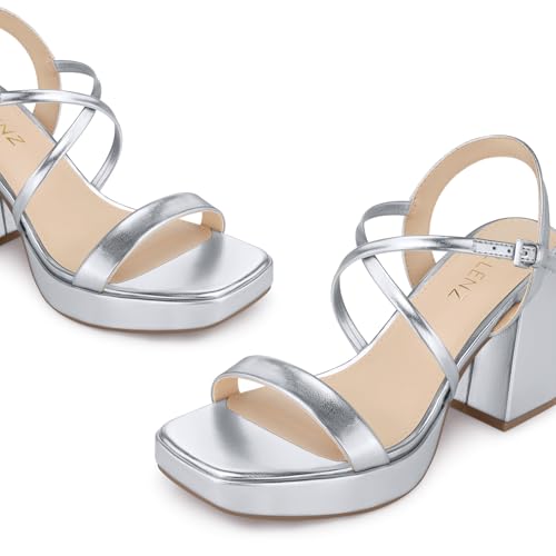Image of CELLENZ Women Chunky Platform Heels: 3.9 Inch High Heel Prom, Wedding, Party, Square Open Toe Heeled Sandals, Strappy Comfortable Sexy Dressy Shoes