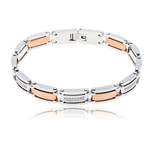Preisvergleich Produktbild ORDO Diamonds® Edelstahlarmband, Herren, Damen, zweifarbiges Armband aus Chirurgenstahl, 316L Edelstahlarmband, Linie klare Zirkoniasteine, Kupfer- und Silber Farbe, 215 mm