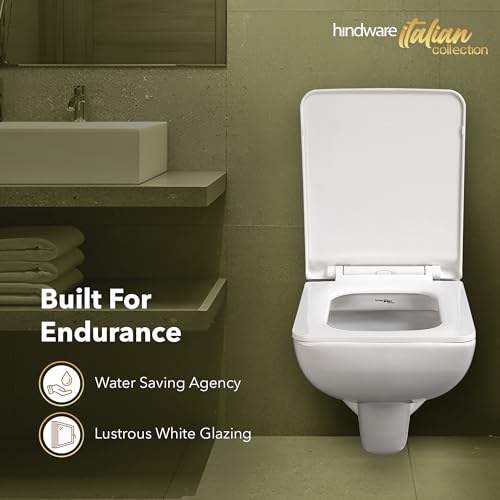 Image of Hindware Italian Collection Enigma Slim Wall Hung Western Commode for Bathroom | Made of Ceramic | P-230 Trap | Star Rated Water Saving | Soft Close | Star White | Geometric Shape | 10-Year Warranty