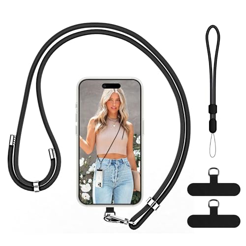 COCASES Phone Lanyard Crossbody and Wrist Strap Adjustable iPhone Strap with 2 Durable Patches for Neck Strap Phone Chain Compatible with Most Smartphones-Black