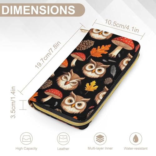 Girl's Long PU Wallet, Travel Purse Fashion Design, Huge Storage Capacity Purse, Cute Decor Zipper Wallet Floral Owls Fall Leaves Mushroom2