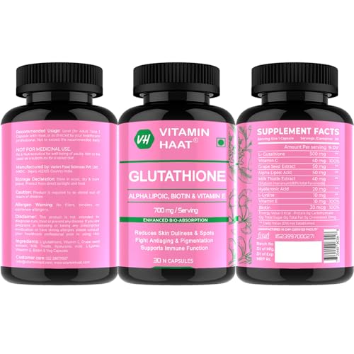 Image of Glutathione | Glutathione Supplements with Vitamin C & Biotin | Skin Whitening Capsule with Hyaluronic Acid, Vitamin E, C, Alpha Lipoic Acid & Milk Thistle | 700mg - 30 Capsules by VitaminHaat