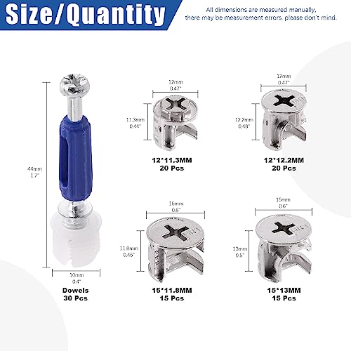 Glarks 100Pcs 4 Sizes 3-in-1 Furniture Connecting Cam Lock Fittings with Dowels Assortment Kit - Image 2