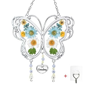 LARAINE Butterfly Suncatcher with Pressed Flower Wings Mom Mother’s Day Butterfly Glass Wind Chime Ornament Charm with…