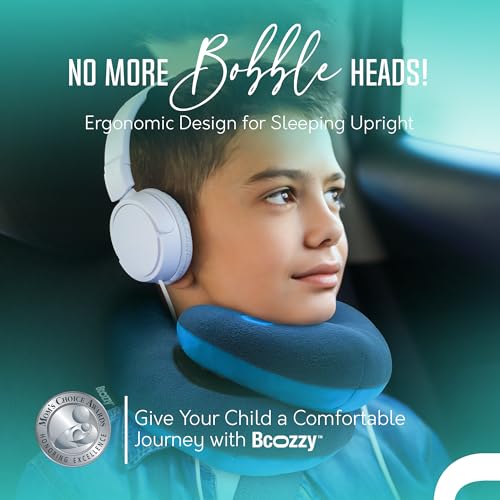 Image of BCOZZY Kids Chin Supporting Travel Pillow for Ages 8-12- Patented Soft Neck Pillow for Head and Chin Support in Car Seat and Airplane. Comfortable Travel Essential. Medium Size, Bag, Light Blue