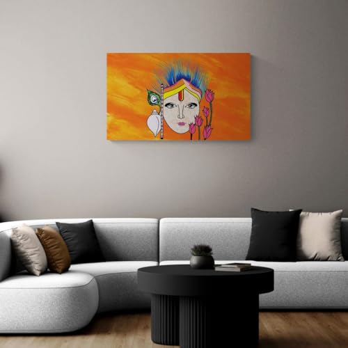 Image of ARTEBELLA Lord Krishna Inspired Canvas Wall Art, Orange Background with Flute, Peacock Feather and Lotus, Spiritual Home Decor (19.5 in X 30.5 in)