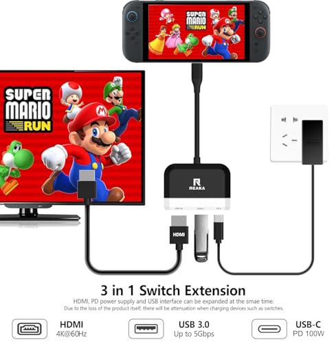 Image of RREAKA Switch Dock Replacement for Nintendo Switch 1&2, 4K@60Hz HDMI TV Adapter, Portable Travel Docking Station with USB 3.0 Port & 100W PD Charging