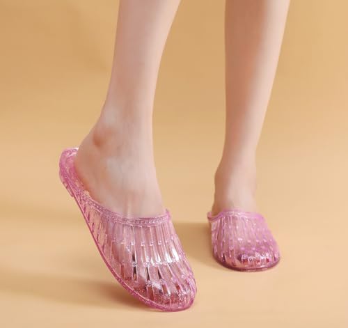 Image of Womens Jelly Shoes, White Jellies Sandals Glitter Clear Flats Slip On Summer Beach Slippers Transparent Closed Toe Soft Slide