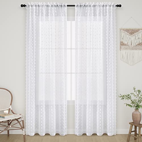 Guken White Sheer Curtains 84 Inches Long For Living Room Bedroom 2 Panels Boho Farmhouse White Textured Semi Sheer Curtains Pom Poms Tufted Rod Pocket Girls Kids Room Decor Nursery 52X84 Length 7Ft #TOP1
