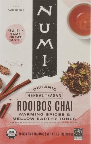 Image of Numi Organic Rooibos Chai Tea, Microplastic Free, Rich Flavor with Cinnamon, Allspice & Ginger, Caffeine Free, 18 Count (Pack of 2)