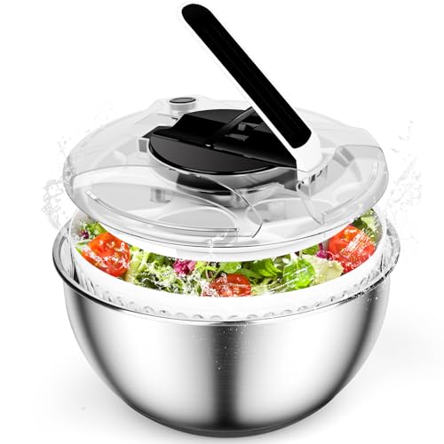 ZWOOS Centrifuga per Insalata in Acciaio Inossidabile, 4,5L Centrifuga Insalata Grande Easy Press Lavatrice per Verdura Frutte Asciugatrice Manuale con Coperchio per Verdure Erbe Bacche Frutta