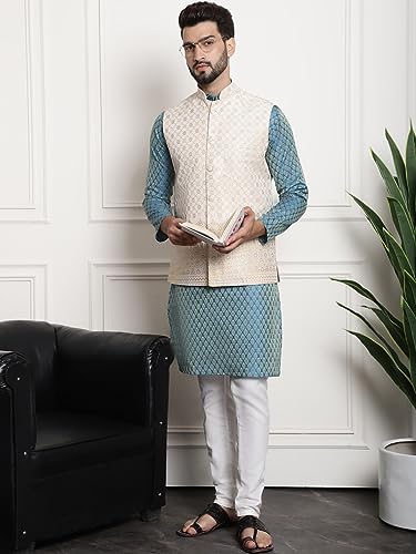 Image of SOJANYA (Since 1958 Men's Jacquard Silk Kurta and Pyjama with Nehru Jacket