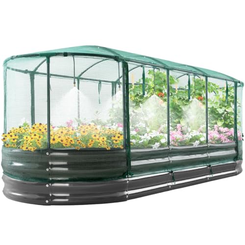 Quictent Galvanized Raised Garden Bed Kit with Self Watering System and Mesh Cover, Large Oval Metal Outdoor Planter Garden Boxes for Vegetables Herbs Flowers, 8x3x1Ft 8x3x1 FT Self Watering