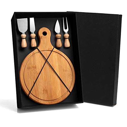 Conjunto Kit Para Queijo 5 Peças Tábua Bambu Espátula Inox