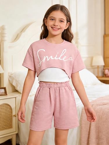 Image of Girl's Summer 3 Piece Outfits Graphic Short Sleeve Crop Top Cami and Shorts Clothes Set