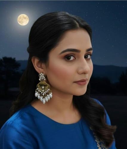 Image of Traditional 20K Gold Plated Kundan Chandbali Earrings with Black Beads and Faux Pearls for Women - Ethnic Wedding & Partyy Wear Statement Jewelry