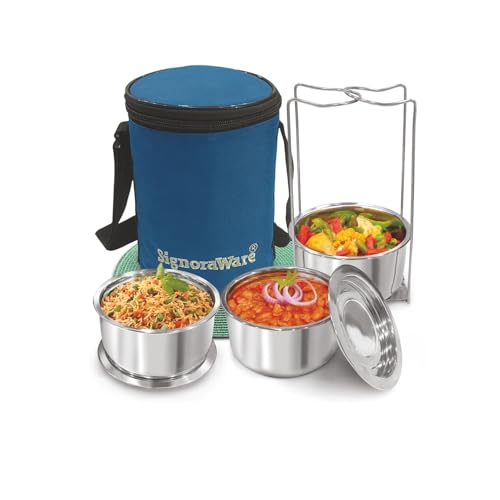 Image of SignoraWare Fine Meal Stainless Steel Lunch Box | Airtight & Leakproof Lid | Compact & Lightweight | Tiffin for Office, School & Travel Use (300ml x 3 | Set of 3 | Steel)