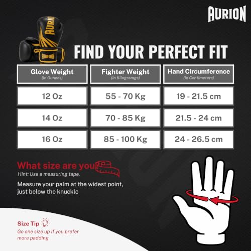 Image of Aurion Boxing Gloves 16oz for Men | Premium PU Leather | 4-Layer Impact Protection | Breathable Mesh Palm | Wrist Support | Kickboxing, MMA, Sparring, Heavy Bag Training | (Black Gold)