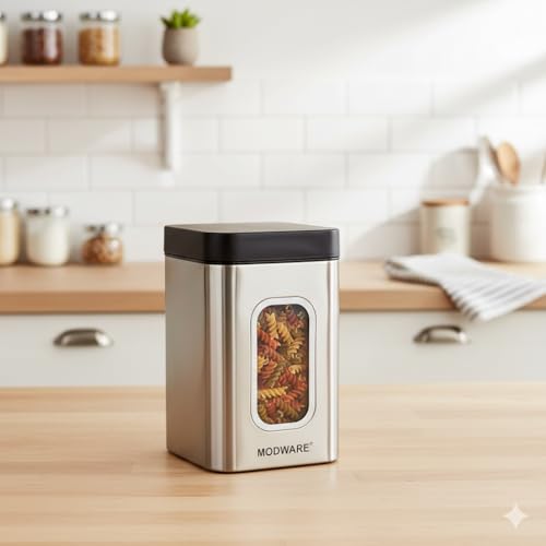 Image of MODWARE Keepex Stainless Steel Kitchen Storage Container, Airtight Silver Jar with Viewing Window, Fingerprint-Proof, Dishwasher Safe, Jars for Snacks, Fry Food, Masala, Cookies 1000ml Capacity