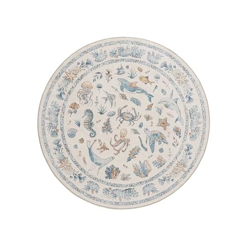 Soft Marine Animal Washable Faux Wool Stain Resistant Rug Rubber Non-Slip Backing for Playroom Bathroom Living Room Bedroom Bedside Beachy Cute Coastal Nautical Nursery Rug (Blue Multi, 5′ Round)