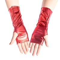 JIHUOO PU Leder Cosplay Fingerlose Handschuhe Glänzend Metallic Handschuhe Gothic Punk Handschuhe Hip Hop Tanzhandschuhe Rock Stage Handschuhe Rot – Ansicht 3