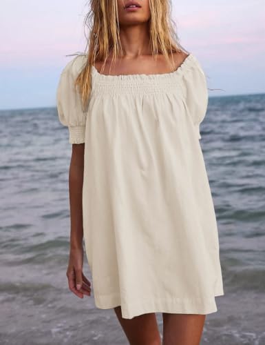 Image of Huaqiao Womens Summer Mini Dress 2026 A-Line Square Neck Puff Sleeve Beach Sundress Casual Short Dress with Pockets