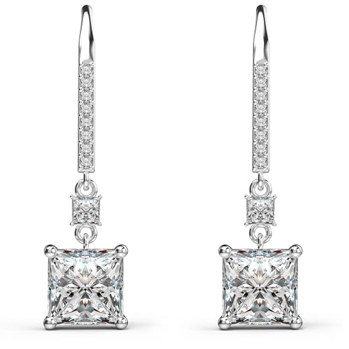 18K White Gold Plated Sterling Silver Square Princess Cut Cubic Zirconia Dangle Earrings for Women Square CZ Diamond Drop Dangling Earrings for Women Mom Hypoallergenic2